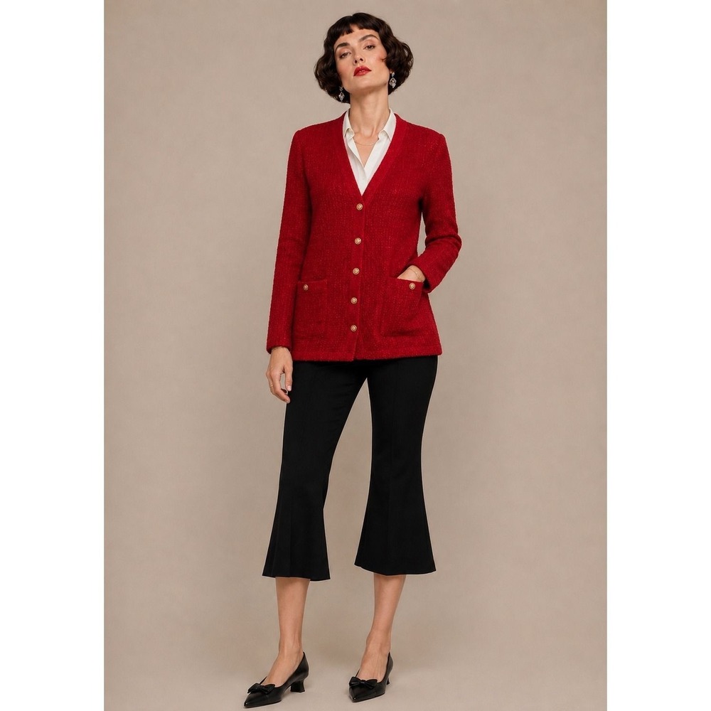 Zara Medium Red Textured Bouclé Cardigan Gold Buttons NWT